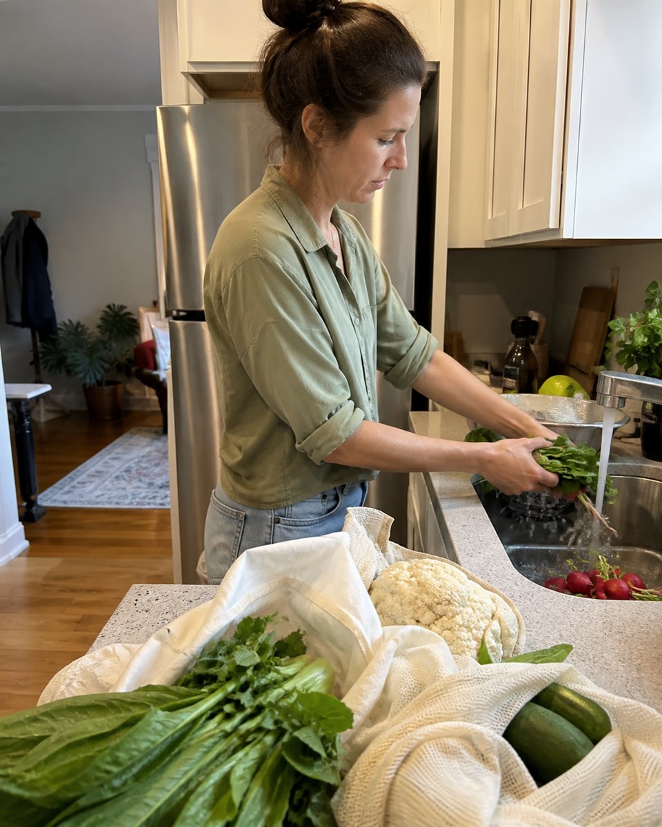 Sustainable living creator unpacking fresh produce
